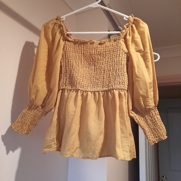 SEED HERITAGE Linen Cotton Puff Sleeve Yellow Pretty Shirred Top Blouse - Picture 5 of 8